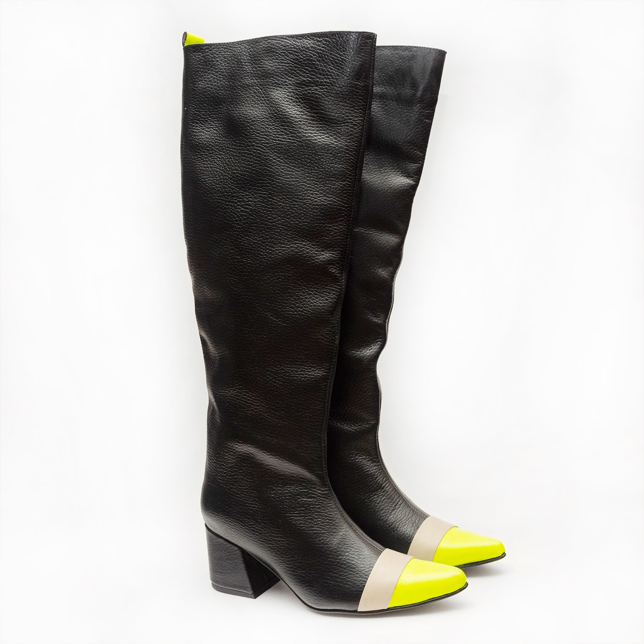 KNEE high BOOTS - negro + LIMÓN neón + CINTA blanca - DIVINA CASTIDAD