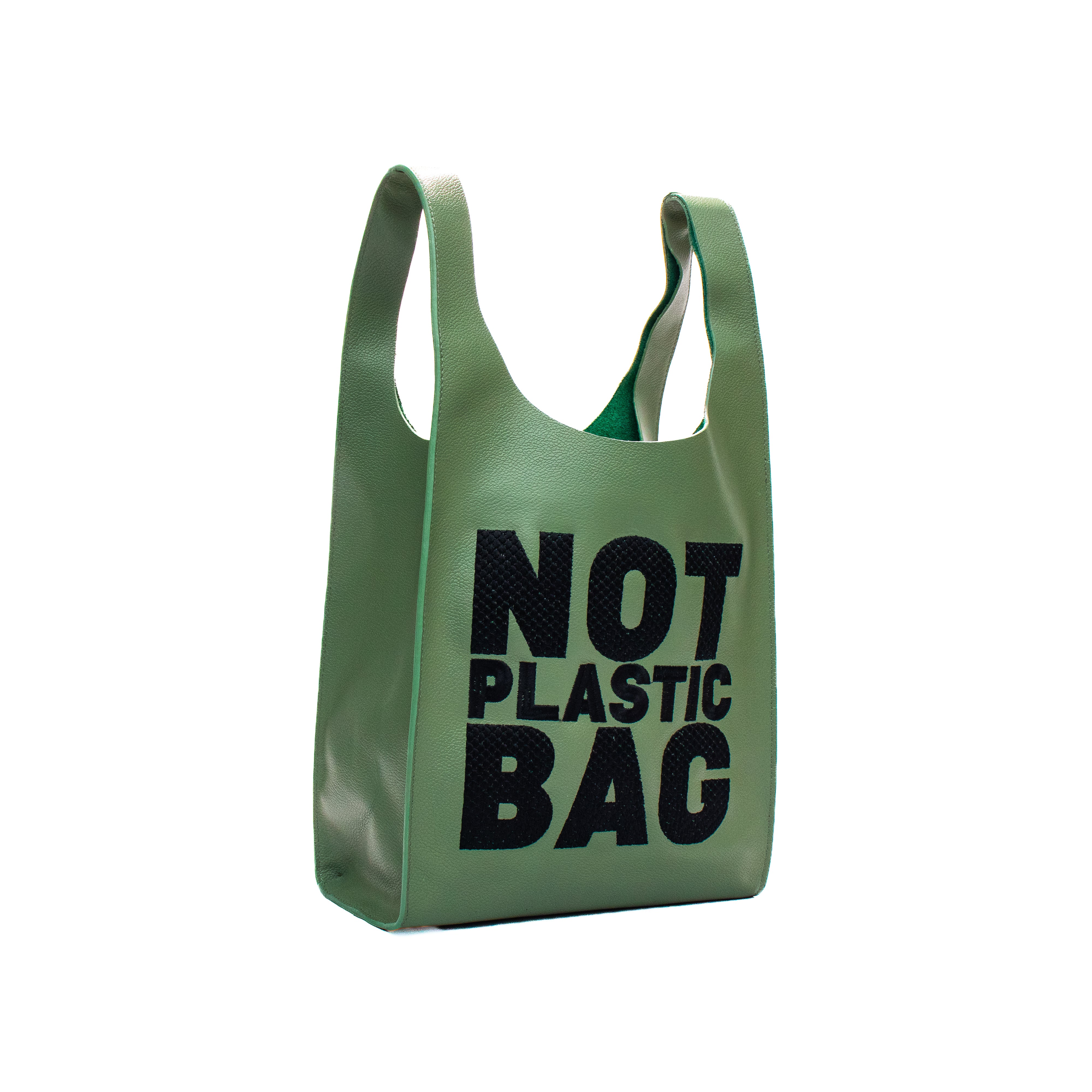 PLASTIC BAG MIDI - salvia x bordado negro