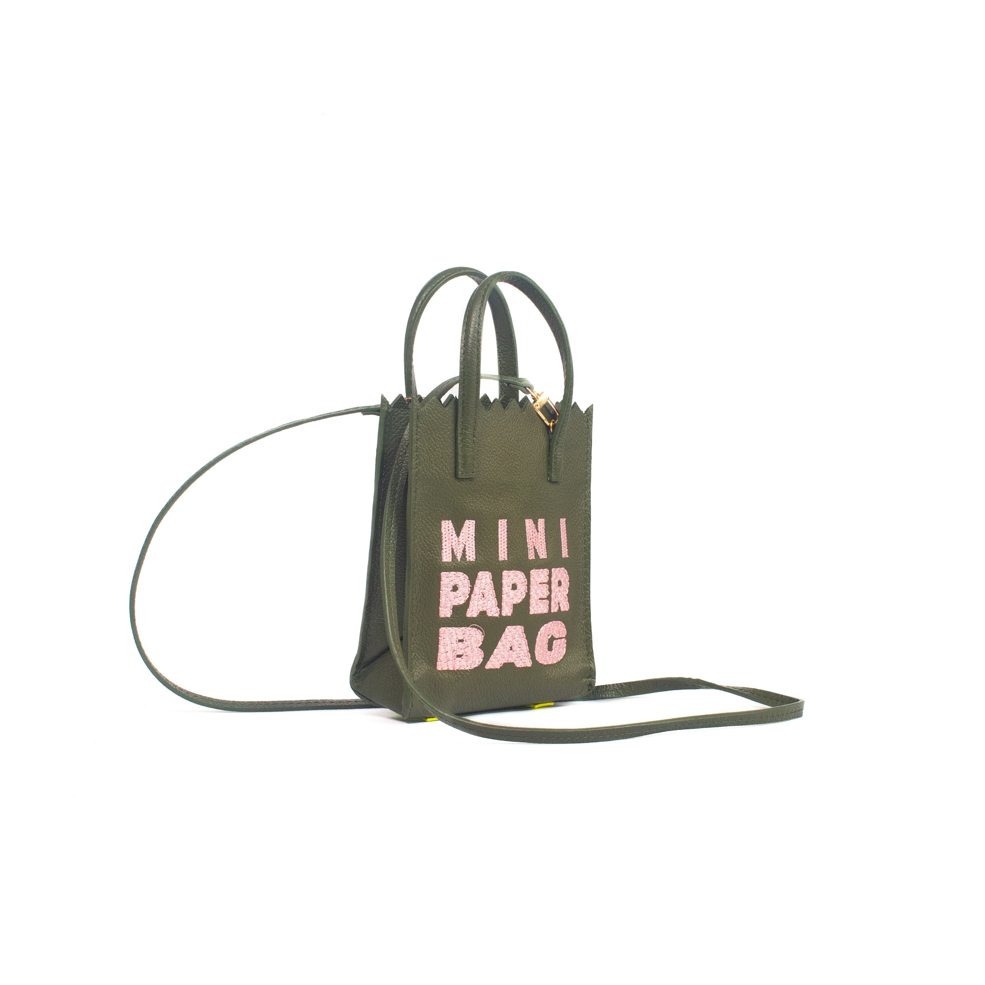 Mini Paper Bag - Verde Olivo - Bordado Rosa