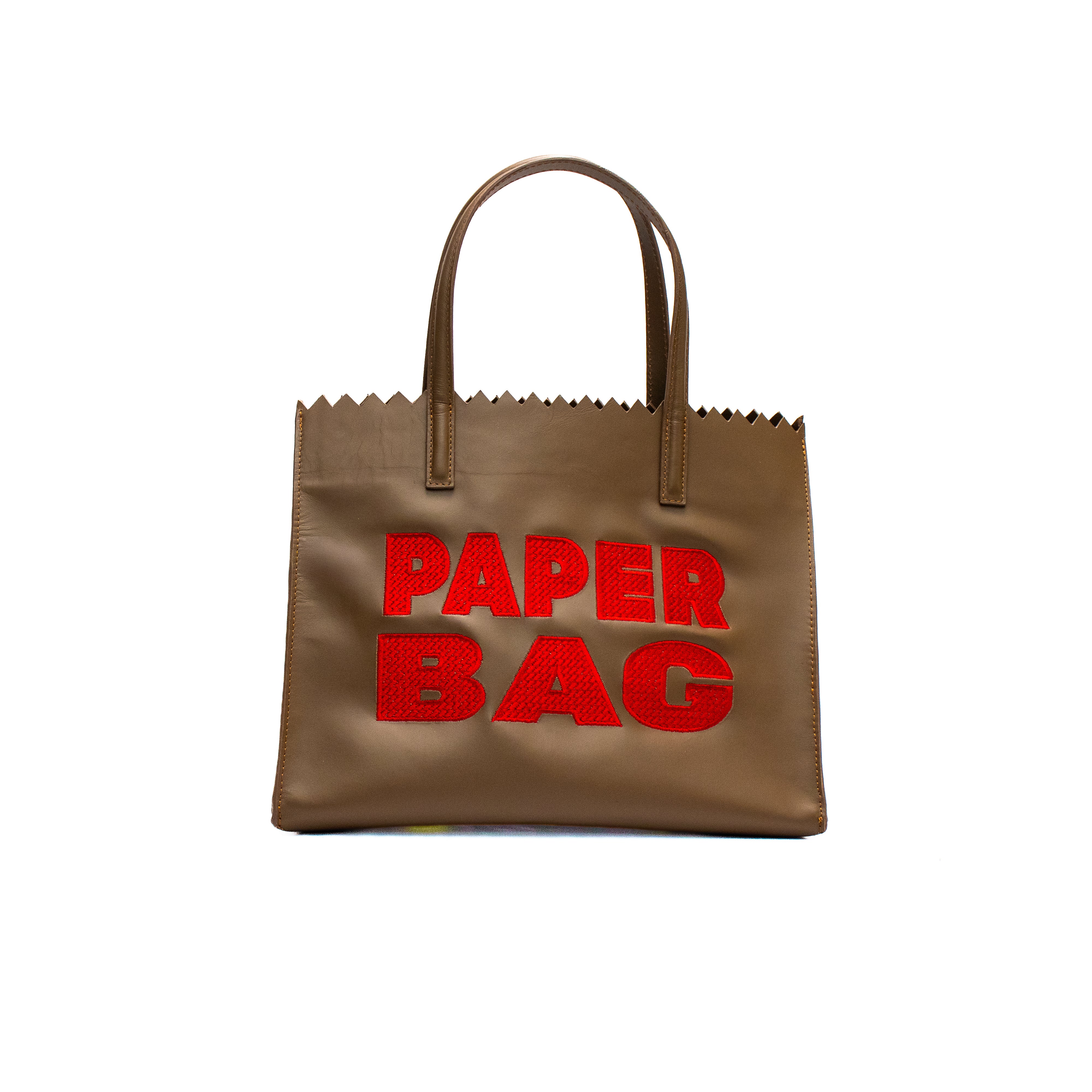 PAPER BAG SHORT - taupe x bordado rojo