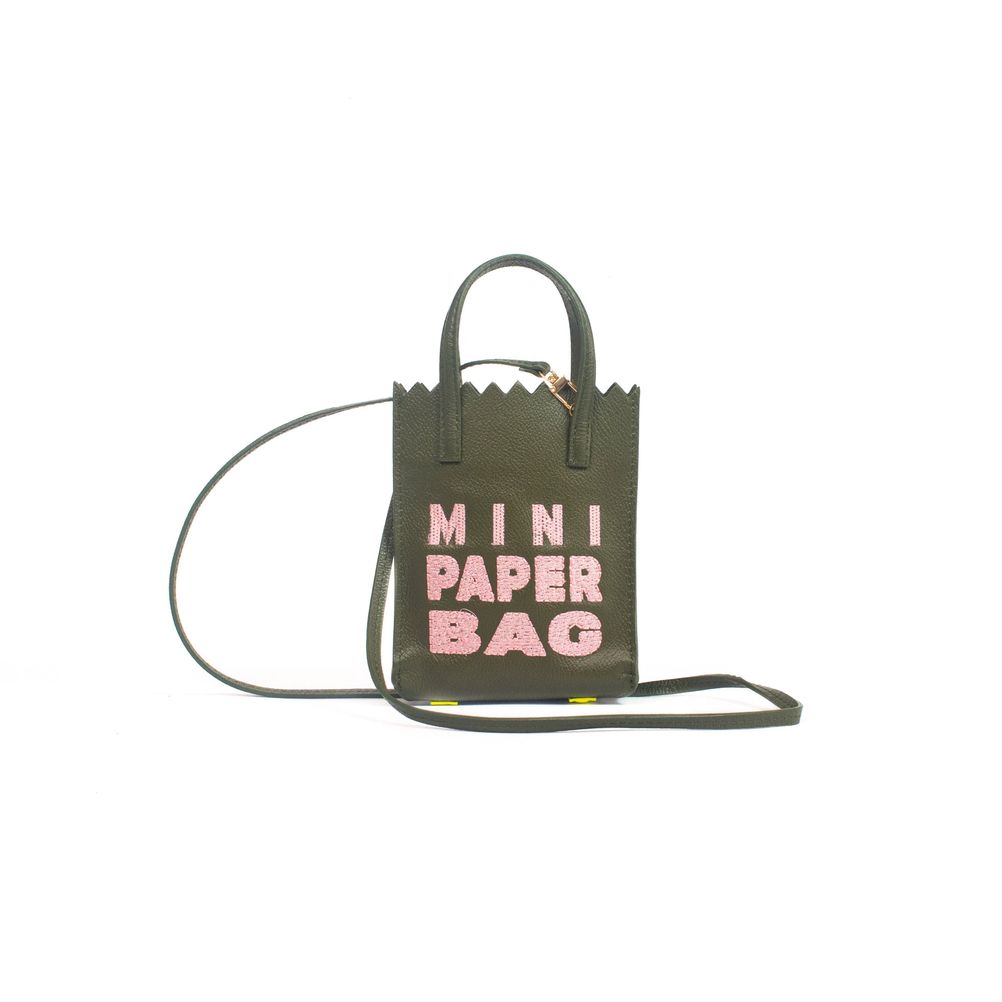 Mini Paper Bag - Verde Olivo - Bordado Rosa
