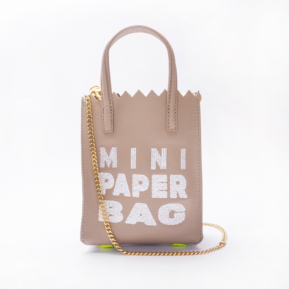 MINI paper BAG - cocoa + BORDADO hilo BLANCO  -